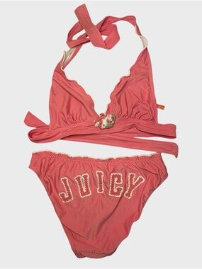 Y2K Vintage Juicy Couture Pink 2 Piece Bikini Swimsuit Small 2000s Crochet RARE